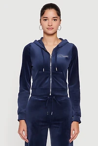 Womens Velour Rhinestone Dream Graphic Zip Front Hoodie, M