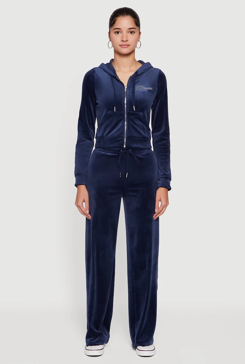 Womens Velour Rhinestone Dream Graphic Zip Front Hoodie, M