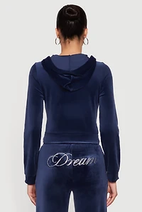 Womens Velour Rhinestone Dream Graphic Zip Front Hoodie, M