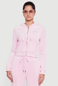 Velour Rhinestone Dream Graphic Zip Front Hoodie