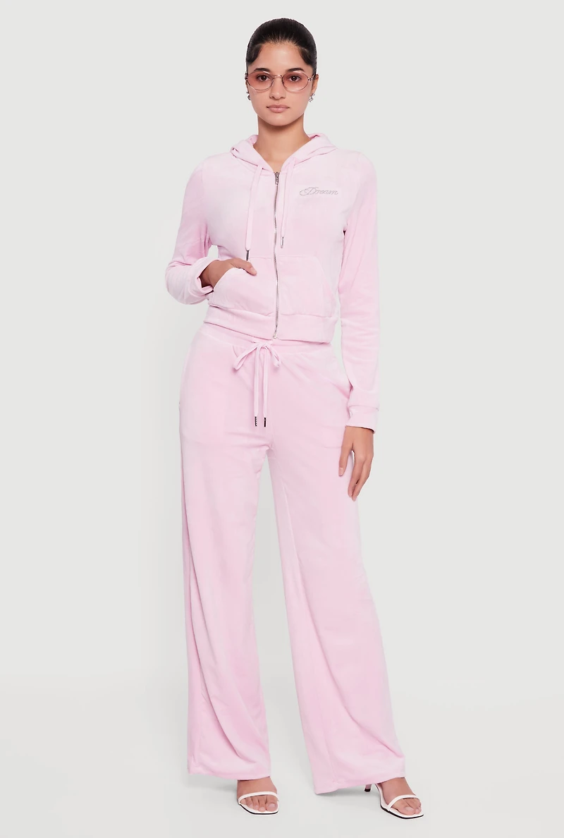 Velour Rhinestone Dream Graphic Zip Front Hoodie