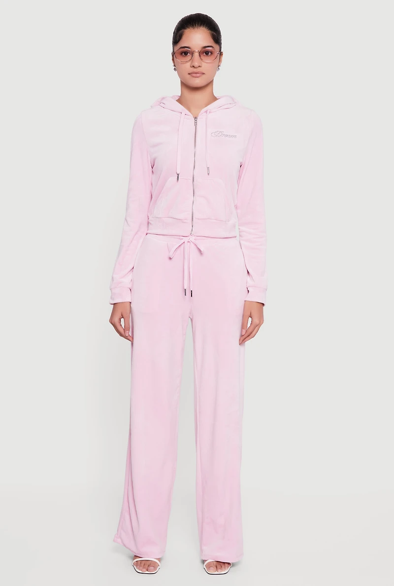 Velour Rhinestone Dream Graphic Zip Front Hoodie