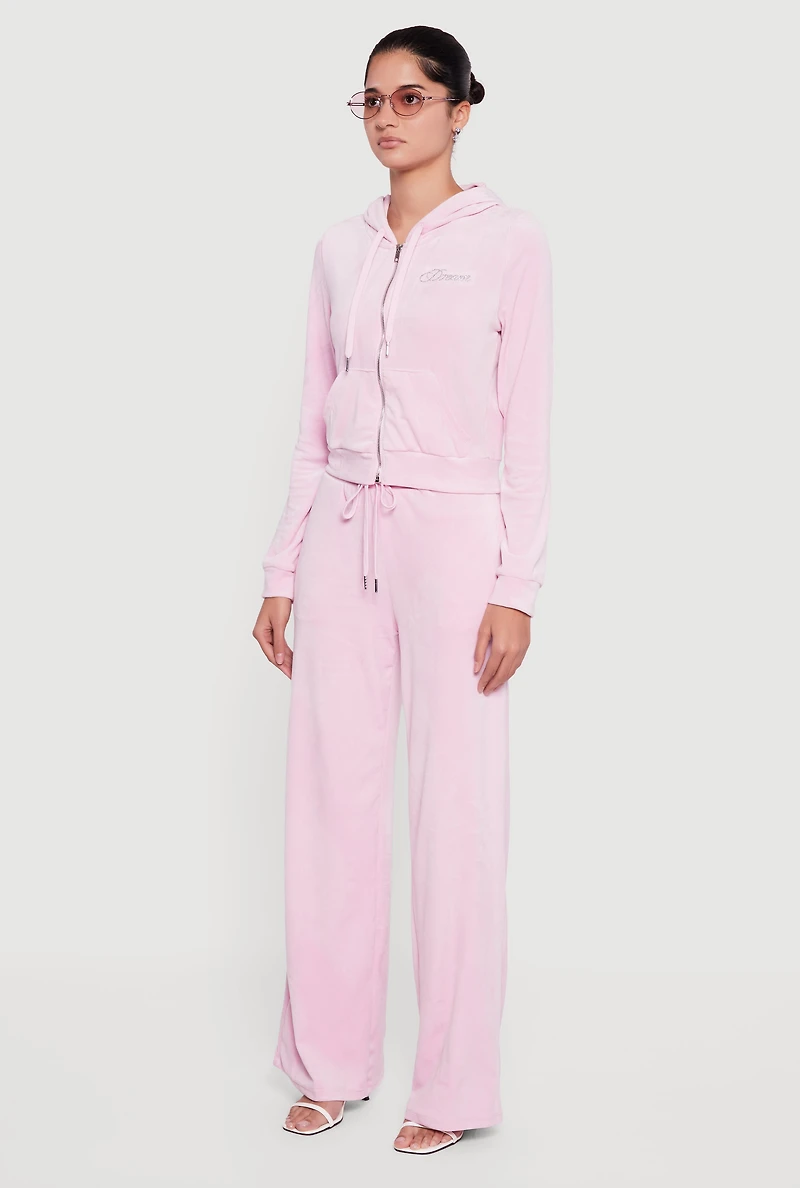 Velour Rhinestone Dream Graphic Zip Front Hoodie