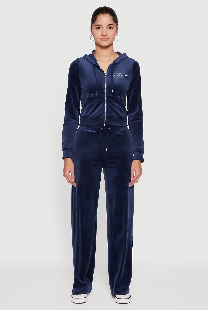 Velour Rhinestone Dream Graphic Drawstring Waist Sweatpants