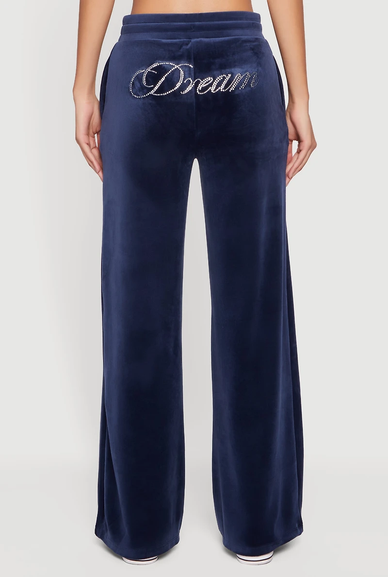 Velour Rhinestone Dream Graphic Drawstring Waist Sweatpants