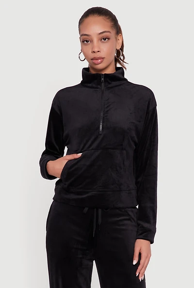 Womens Ribbed Velour Half Zip Mock Neck Pullover, Black, Size S