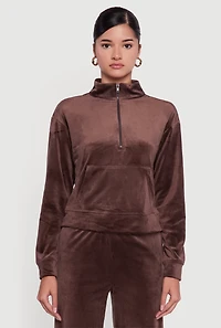 Ribbed Velour Half Zip Mock Neck Pullover