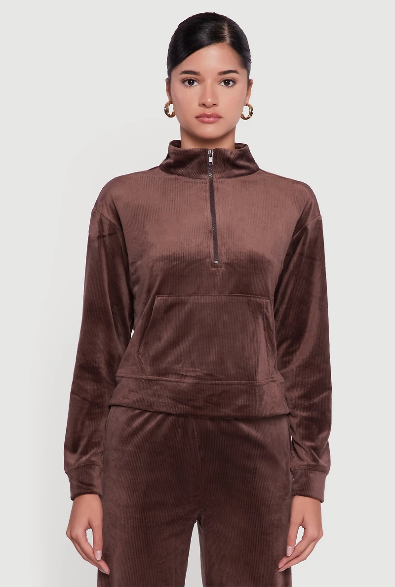 Ribbed Velour Half Zip Mock Neck Pullover