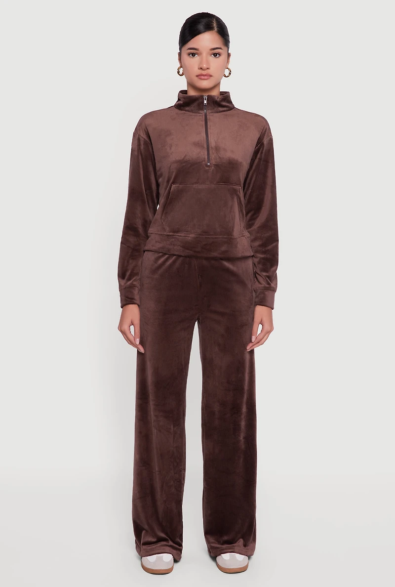 Ribbed Velour Half Zip Mock Neck Pullover