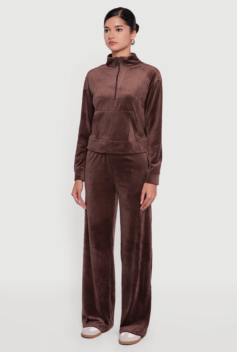 Ribbed Velour Half Zip Mock Neck Pullover