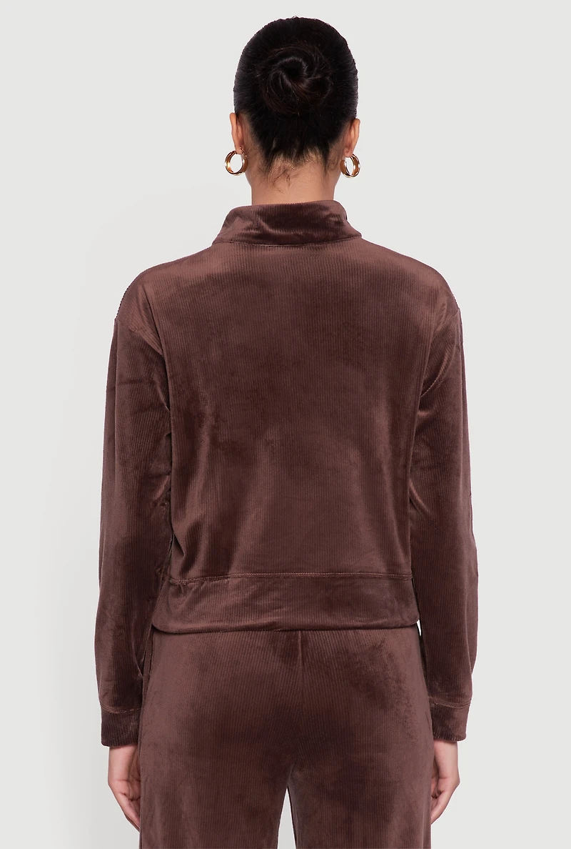 Ribbed Velour Half Zip Mock Neck Pullover