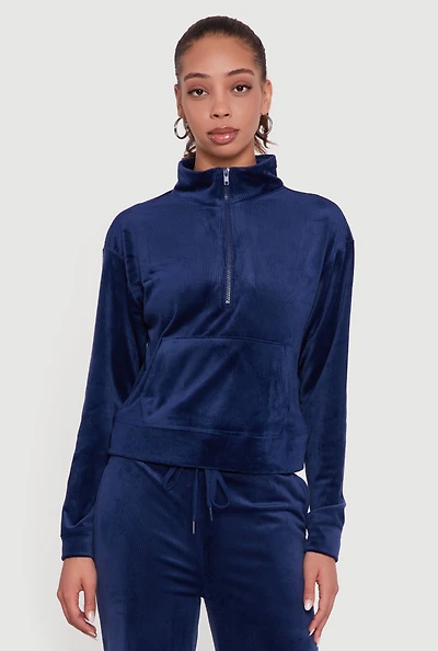 Womens Ribbed Velour Half Zip Mock Neck Pullover, Blue, Size L