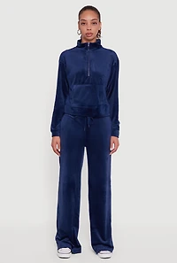 Womens Ribbed Velour Half Zip Mock Neck Pullover, Blue, Size L