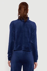 Womens Ribbed Velour Half Zip Mock Neck Pullover, Blue, Size L