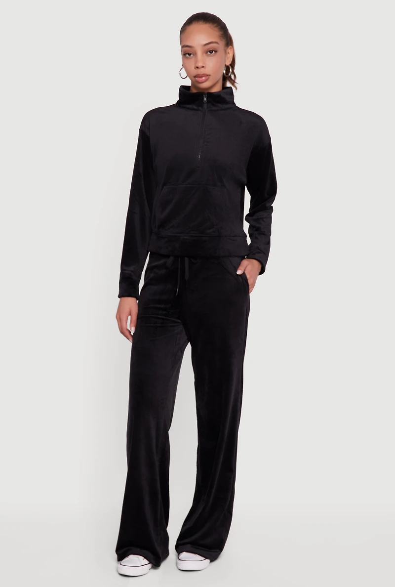 Ribbed Velour Drawstring Waist Wide Leg Sweatpants