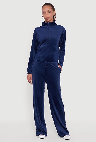 Womens Ribbed Velour Drawstring Waist Wide Leg Sweatpants,