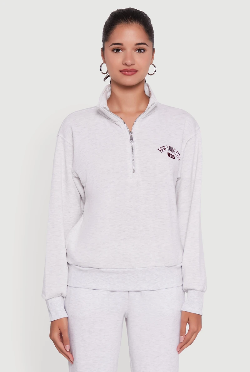 Womens Mock Neck Half Zip New York City Graphic Sweatshirt, Grey,