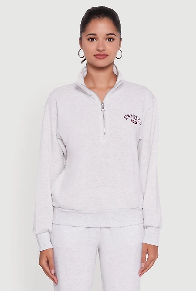 Womens Mock Neck Half Zip New York City Graphic Sweatshirt, Grey,