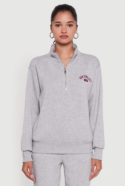 Womens Mock Neck Half Zip New York City Graphic Sweatshirt, Grey,