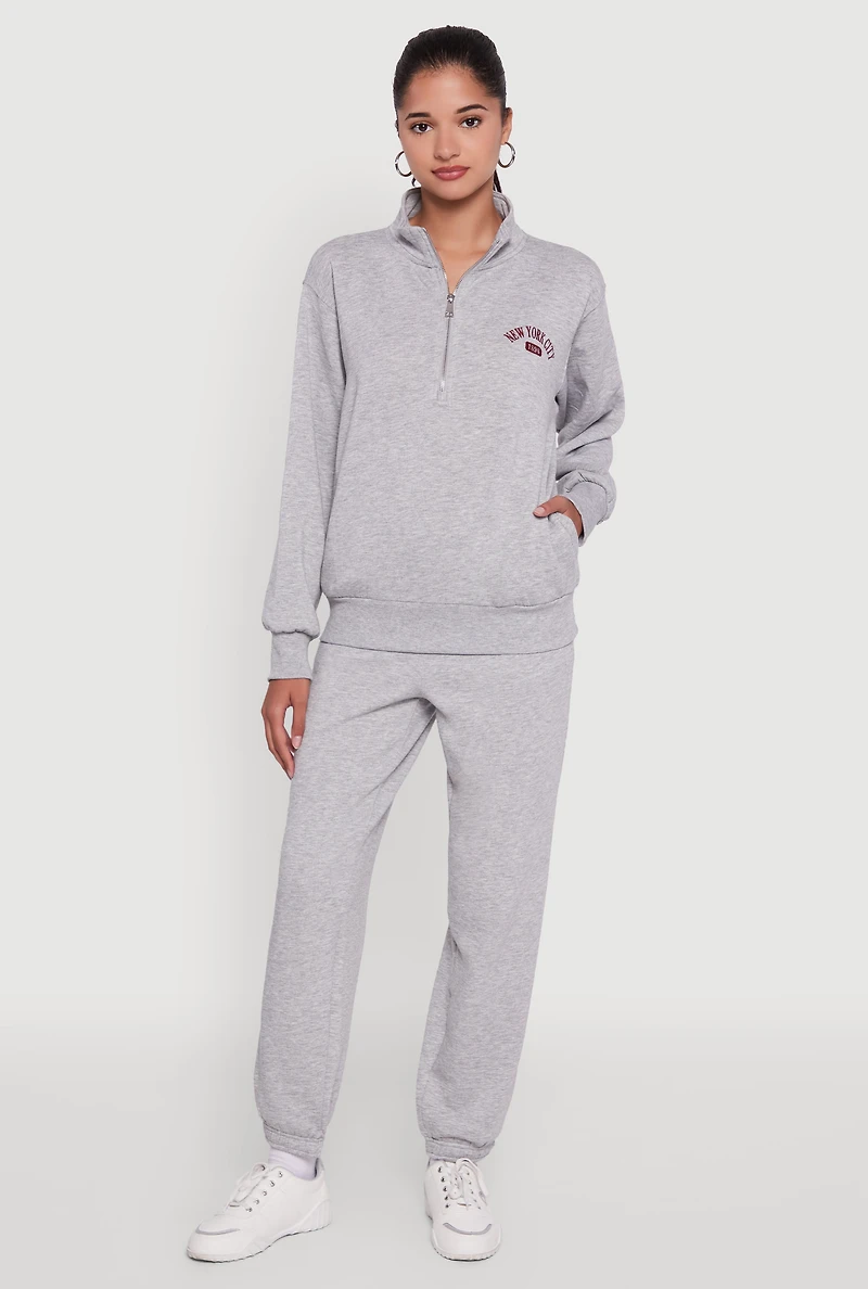 Womens Mock Neck Half Zip New York City Graphic Sweatshirt, Grey,