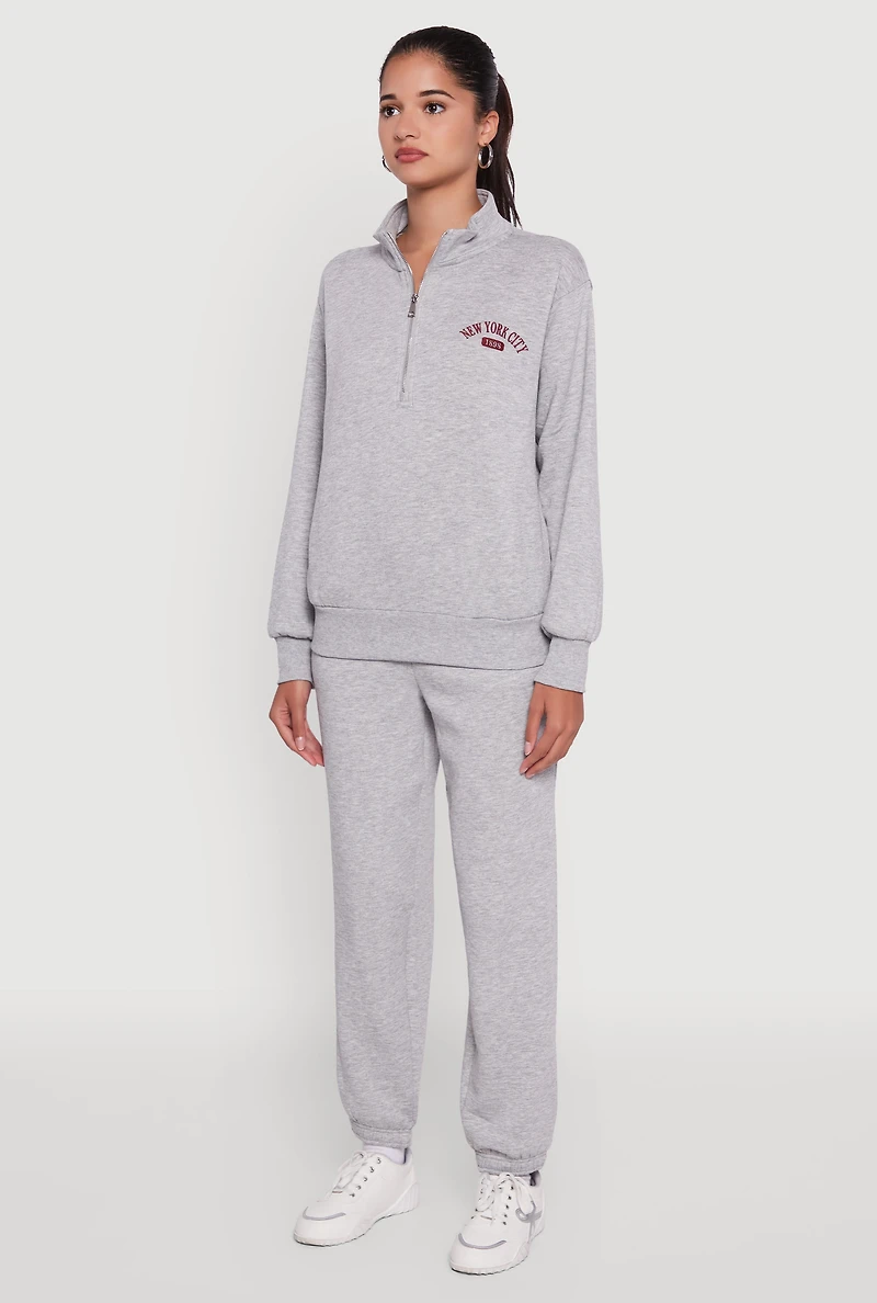 Womens Mock Neck Half Zip New York City Graphic Sweatshirt, Grey,
