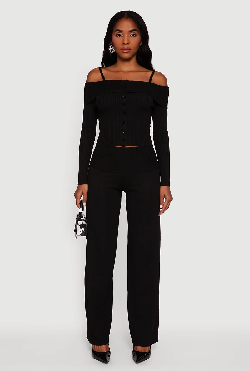 Womens Rib Knit Cropped Fold Over Cold Shoulder Sweater,