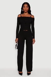 Womens Rib Knit Cropped Fold Over Cold Shoulder Sweater,