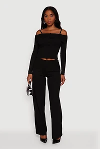 Womens Rib Knit Cropped Fold Over Cold Shoulder Sweater,
