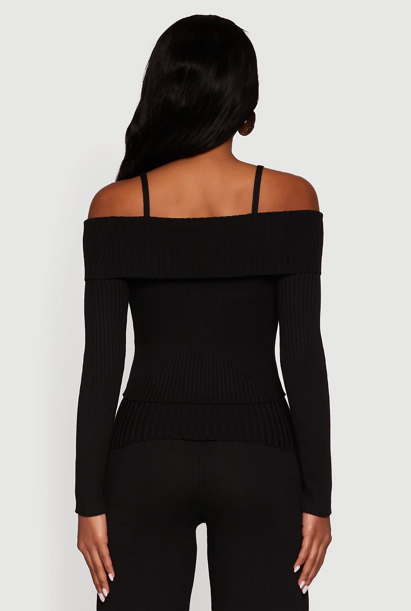 Womens Rib Knit Cropped Fold Over Cold Shoulder Sweater,