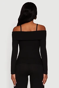 Womens Rib Knit Cropped Fold Over Cold Shoulder Sweater,