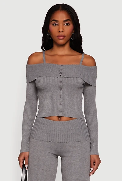 Rib Knit Cropped Fold Over Cold Shoulder Sweater
