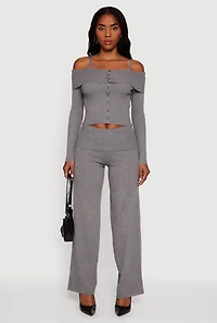 Rib Knit Cropped Fold Over Cold Shoulder Sweater