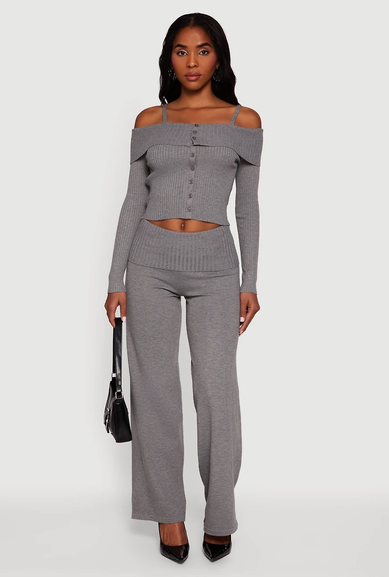 Rib Knit Cropped Fold Over Cold Shoulder Sweater