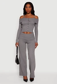 Rib Knit Cropped Fold Over Cold Shoulder Sweater