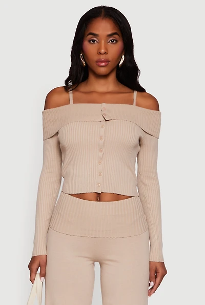 Rib Knit Cropped Fold Over Cold Shoulder Sweater