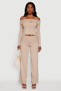 Womens Rib Knit Cropped Fold Over Cold Shoulder Sweater, S