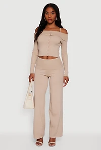 Rib Knit Cropped Fold Over Cold Shoulder Sweater