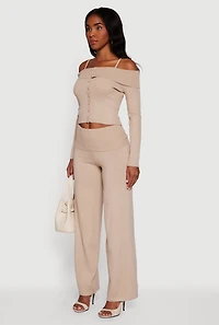 Rib Knit Cropped Fold Over Cold Shoulder Sweater