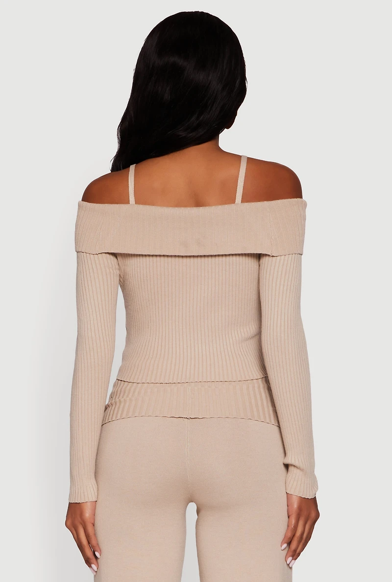 Rib Knit Cropped Fold Over Cold Shoulder Sweater