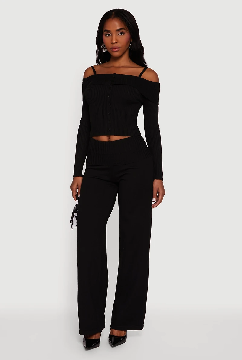 Womens Fold Over Pull On Wide Leg Pants, S