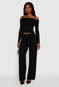 Womens Fold Over Pull On Wide Leg Pants, S