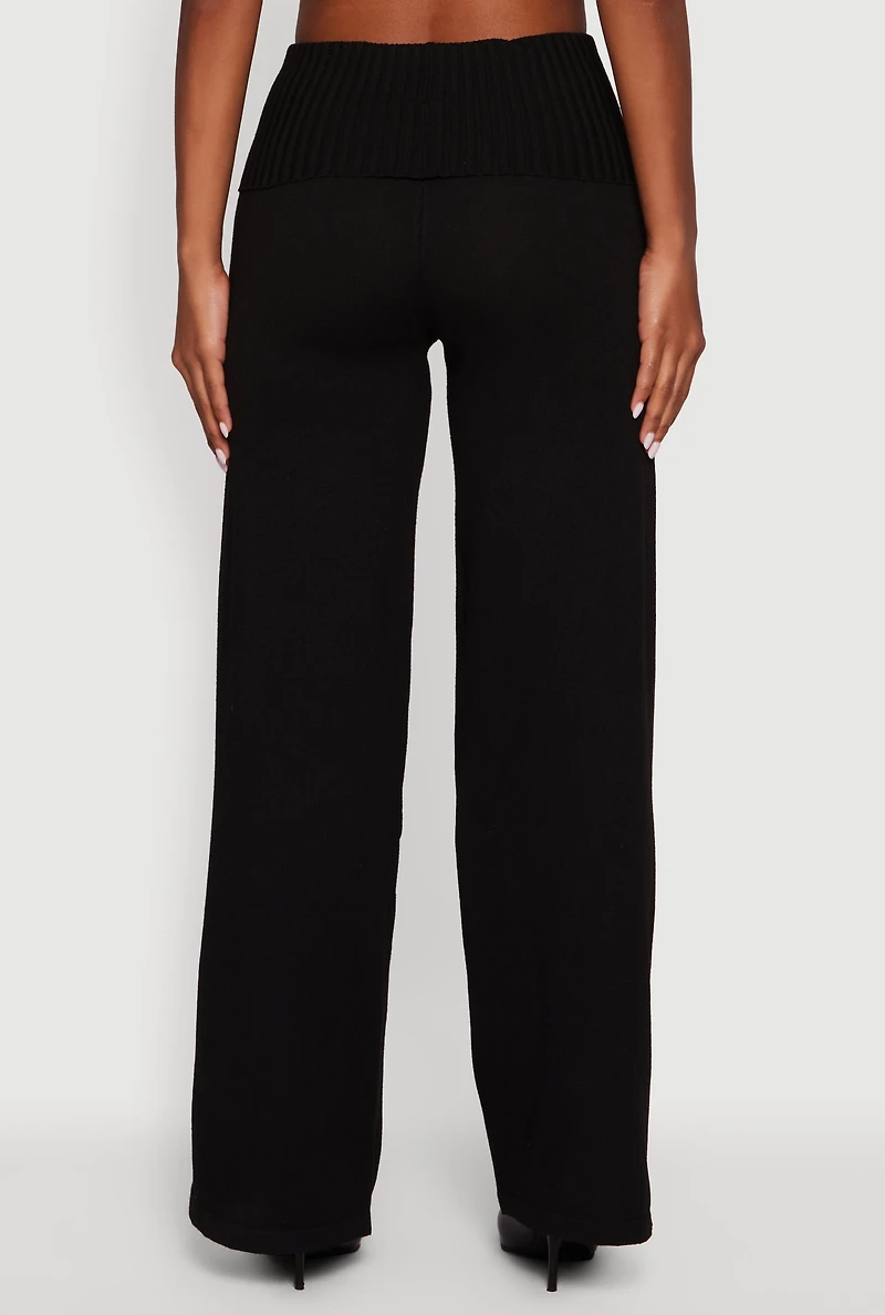 Womens Fold Over Pull On Wide Leg Pants, S