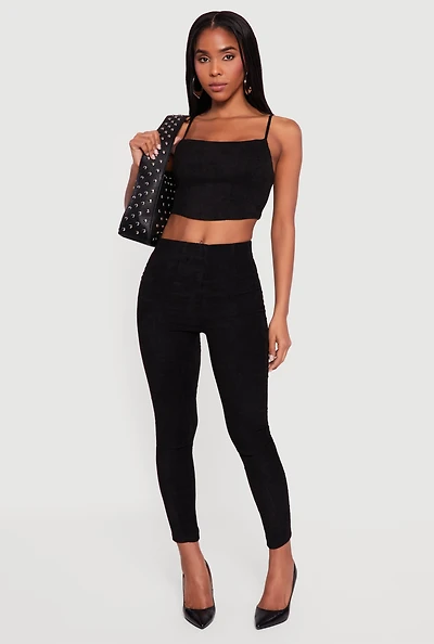 Faux Suede Cropped Lace Up Back Bustier Top and Leggings Set