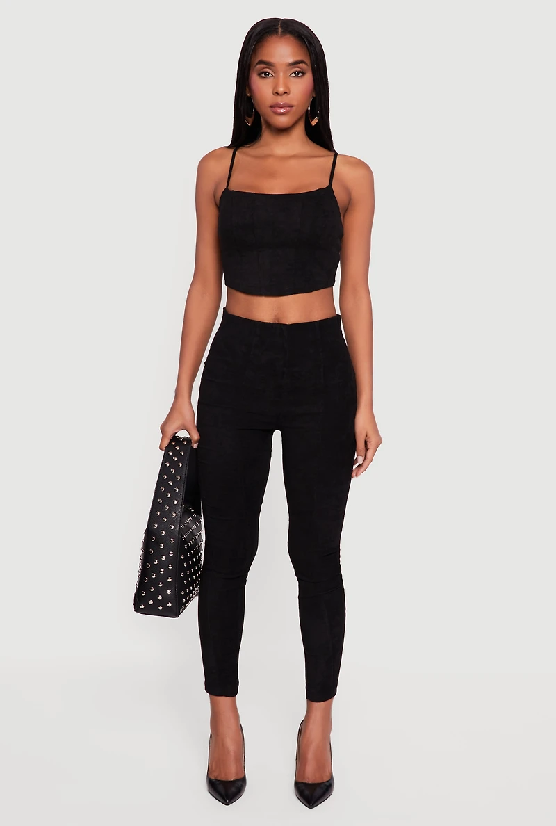Faux Suede Cropped Lace Up Back Bustier Top and Leggings Set