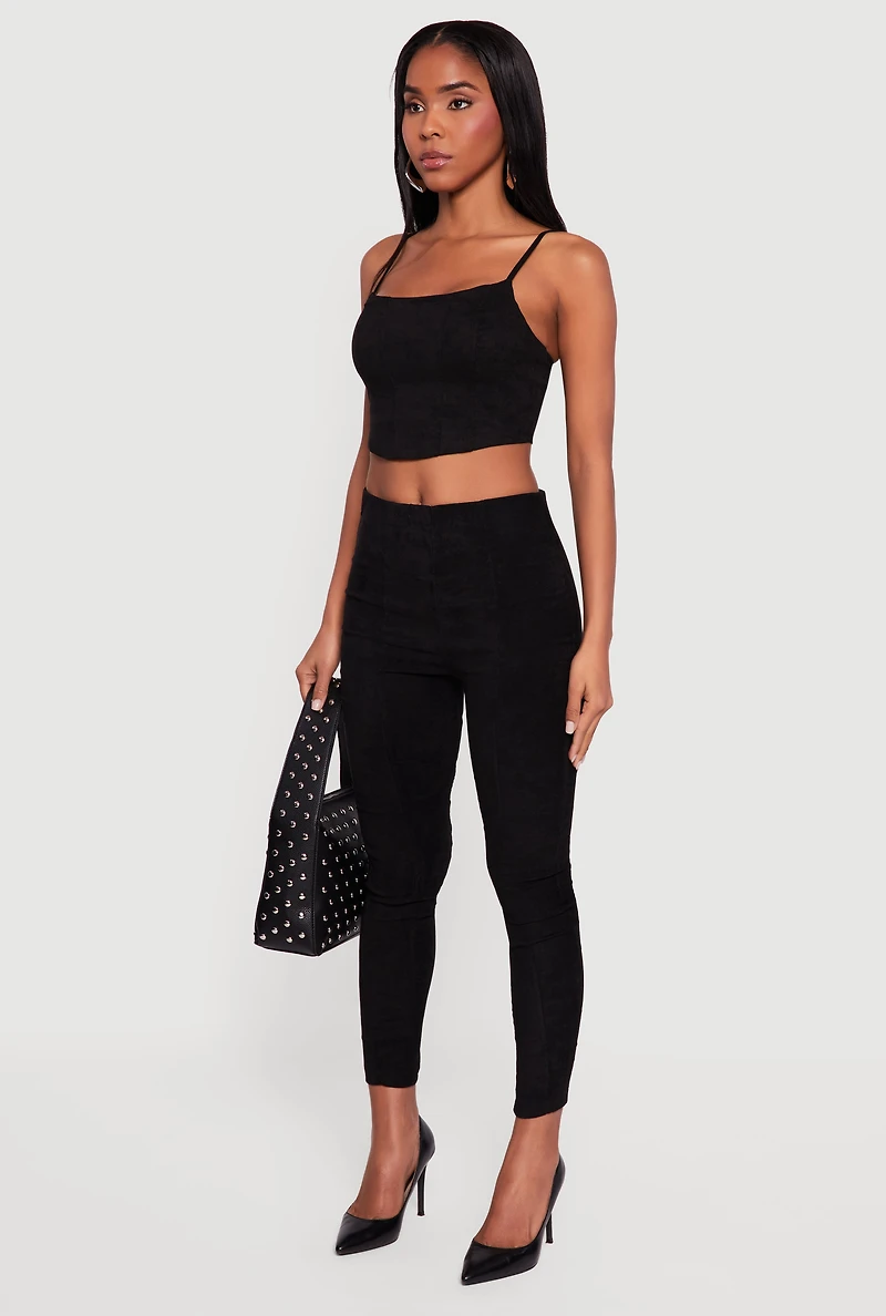 Faux Suede Cropped Lace Up Back Bustier Top and Leggings Set