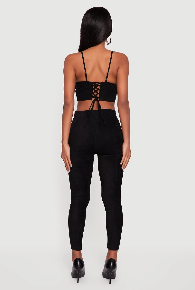 Faux Suede Cropped Lace Up Back Bustier Top and Leggings Set