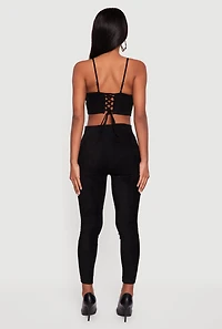 Faux Suede Cropped Lace Up Back Bustier Top and Leggings Set