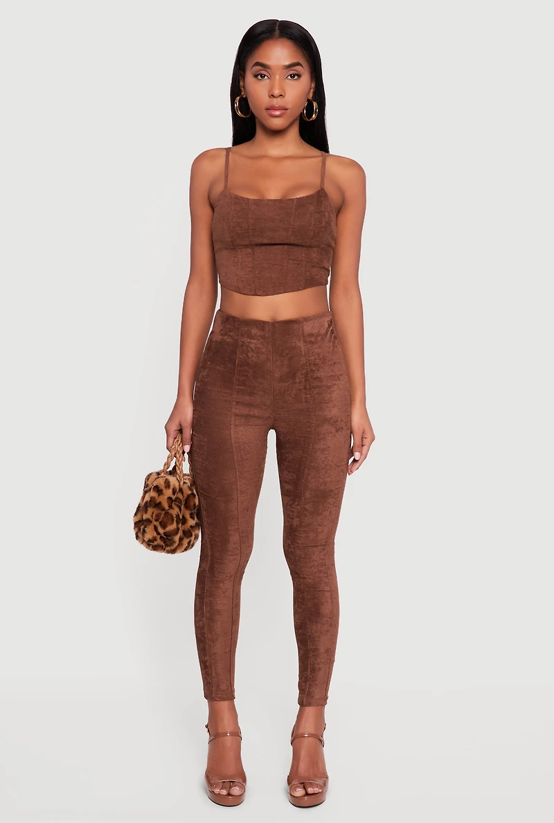 Womens Faux Suede Cropped Lace Up Back Bustier Top and Leggings Set, Brown, Size L
