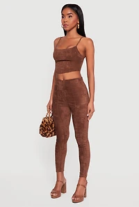Womens Faux Suede Cropped Lace Up Back Bustier Top and Leggings Set, Brown, Size L