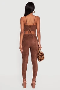 Womens Faux Suede Cropped Lace Up Back Bustier Top and Leggings Set, Brown, Size L